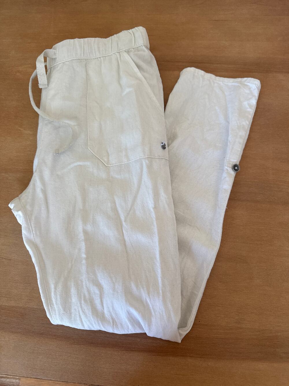 Roxy Linen Pants Fold Up Carpi Cream Drawstring Small Pockets